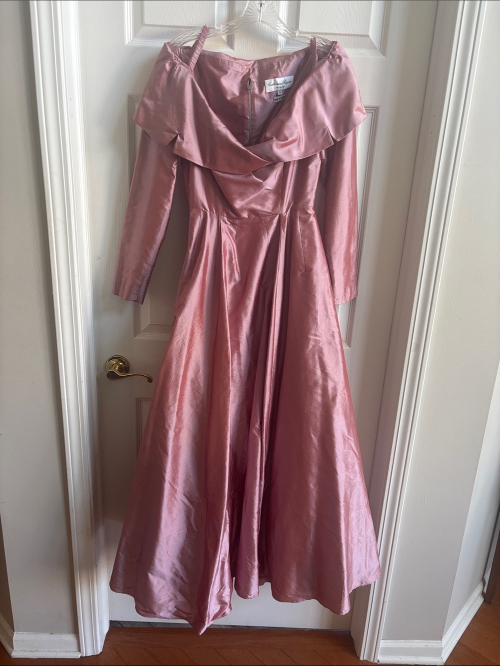 Catherine Regehr Pink Satin Off-Shoulder A-Line Gown